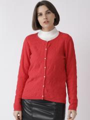 Madame Women Red Self Design Cardigan