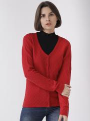 Madame Women Red Self Design Cardigan