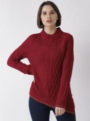 Madame Women Maroon Self Design Sweater