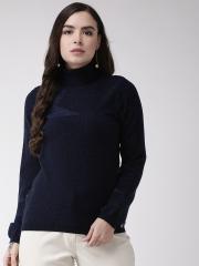 Madame Women Navy Blue Solid Sweater