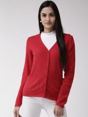 Madame Women Red Self Design Cardigan