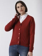 Madame Women Maroon Solid Cardigan