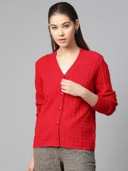 Madame Women Red Self Design Cardigan