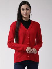 Madame Women Red Self Design Cardigan