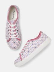 DressBerry Women White & Pink Printed Sneakers