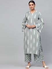 Libas Women Grey & White Printed Kurta with Palazzos