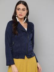 Harpa Women Navy Blue Solid Asymmetric Closure Biker Jacket with Suede Finish