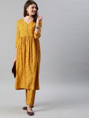 Anouk Women Mustard Yellow Printed Kurta with Trousers