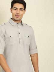 House of Pataudi Men Grey Solid Straight Kurta