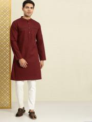 House of Pataudi Men Maroon Solid Straight Kurta