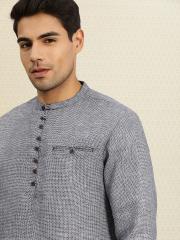 House of Pataudi Men Navy Blue & White Woven Design Straight Kurta