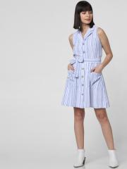 Vero Moda Women Blue & White Striped Shirt Dress