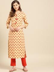 IMARA Women Beige & Maroon Printed Kurta with Trousers