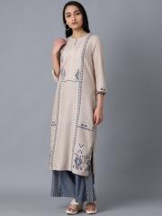 W Women Beige Printed Straight  Kurta