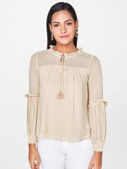 AND Women Beige Solid Top With Ruffle Detail