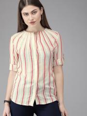 Park Avenue Women Off-White Striped Shirt Style Top