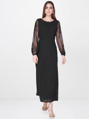 AND Women Black Solid Maxi Dress with Embellished Sheer Sleeves