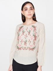 AND Women Beige Embroidered Smocked Top