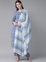 AKS Women Blue & White Printed Kurta with Salwar & Dupatta