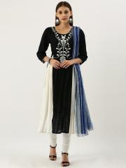 IMARA Women Black Embroidered Kurta with Dupatta