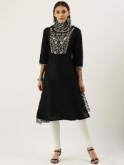 IMARA Women Black Embroidered Kurta with Dupatta