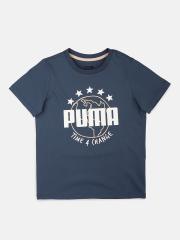 Puma Boys Navy Blue  White Printed Round Neck Pure Cotton T-shirt