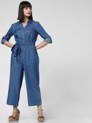 Vero Moda Women Blue Solid Basic Jumpsuit with Waist Tie-Up