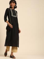 Varanga Women Black & Beige Embroidered Kurta with Trousers