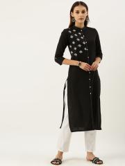 IMARA Women Black & White Embroidered Kurta with Pyjamas