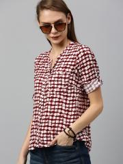 Roadster Women White & Burgundy Checked Shirt Style Top