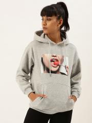 FOREVER 21 Women Grey Printed Hooded Sweatshirt