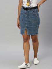 Vero Moda Women Blue Pencil Denim Skirt with Slit Detail