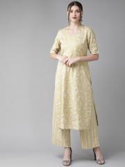 AKS Women Beige & White Printed Kurta with Palazzos