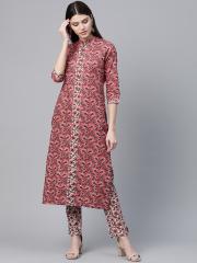 AKS Women Pink & White Printed Kurta with Trousers