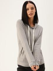 FOREVER 21 Women Grey Solid Hooded Sweatshirt