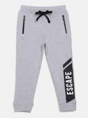 YK Boys Grey Melange Solid Straight-Fit Joggers With Printed Detail