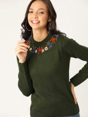 DressBerry Women Olive Green Solid Pullover Sweater