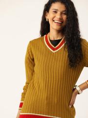 DressBerry Women Mustard Brown Ribbed Acrylic Pullover