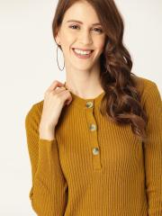 DressBerry Women Mustard Brown Ribbed Pullover Sweater