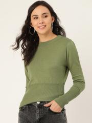 DressBerry Women Olive Green Solid Pullover Sweater