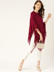 DressBerry Women Maroon Solid Poncho Sweater