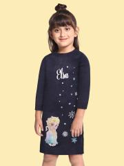 YK Disney Girls Navy Blue Elsa Embroidered Sweater Dress