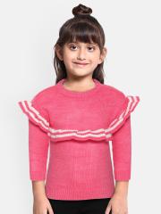 YK Girls Pink Solid Acrylic Sweater with Ruffle Detail