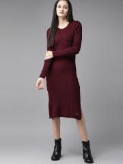 Roadster Women Burgundy Ribbed Sweater Dress