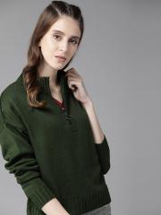 Roadster Women Olive Green Solid Pullover Sweater