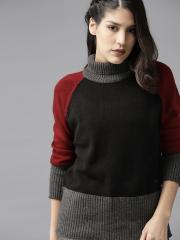 Roadster Women Black & Maroon Solid Sweater