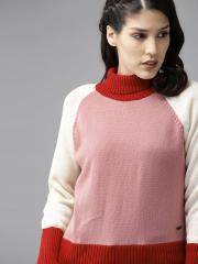 Roadster Women Pink & White Solid Sweater