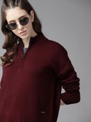 Roadster Women Maroon Solid Pullover Sweater