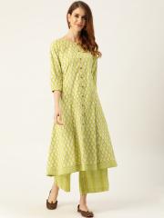 Sangria Women Green & White Printed Anarkali Kurta with Palazzos