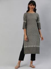 Anouk Women Grey Printed Straight Kurta